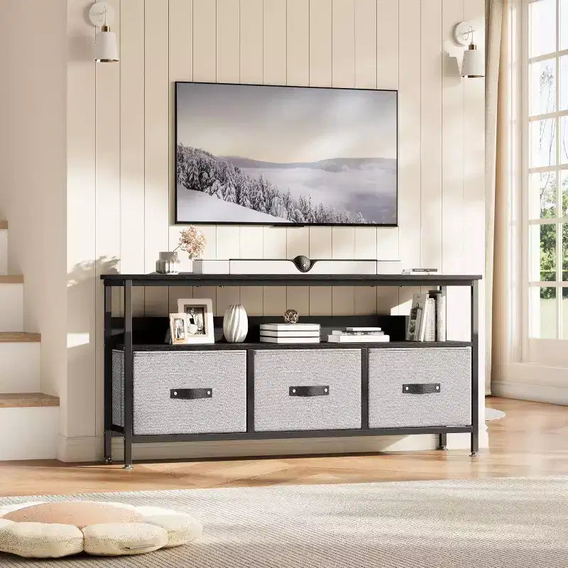 55 Black TV Stand with Grey Drawers, Dresser-Style Entertainment Center for Living Room & Bedroom Storage