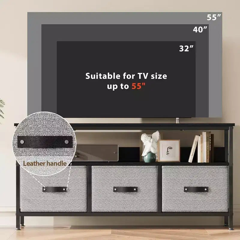 55 Black TV Stand with Grey Drawers, Dresser-Style Entertainment Center for Living Room & Bedroom Storage