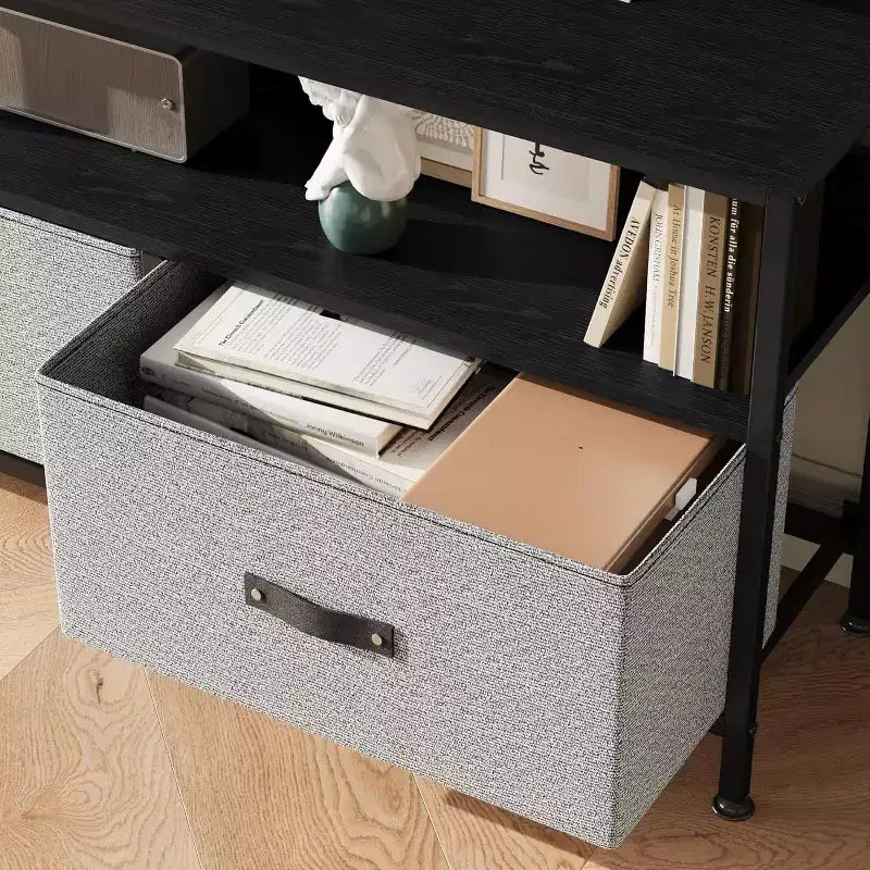 55 Black TV Stand with Grey Drawers, Dresser-Style Entertainment Center for Living Room & Bedroom Storage