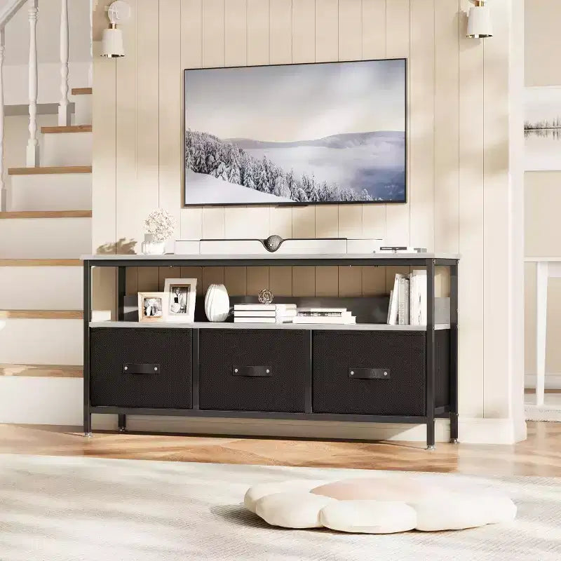 55 Black TV Stand with Grey Drawers, Dresser-Style Entertainment Center for Living Room & Bedroom Storage
