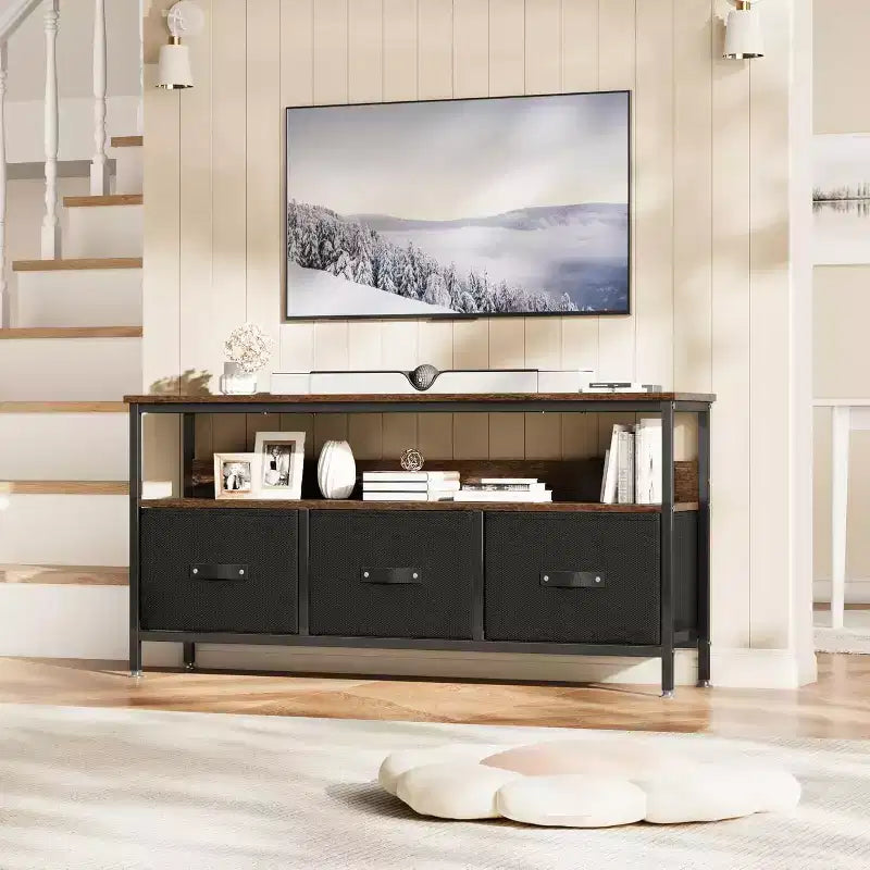 55 Black TV Stand with Grey Drawers, Dresser-Style Entertainment Center for Living Room & Bedroom Storage