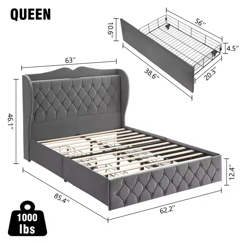 Velvet Upholstered Bed Frame with 4 Storage Drawers & Charging Station, Diamond Button-Tufted Design