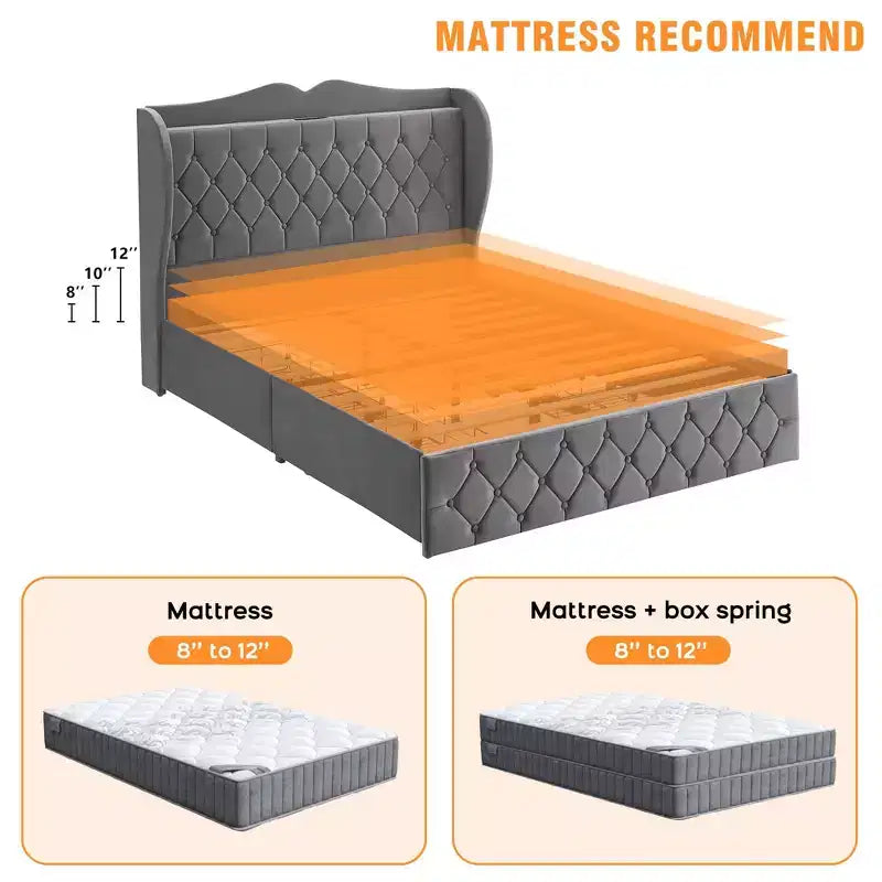 Velvet Upholstered Bed Frame with 4 Storage Drawers & Charging Station, Diamond Button-Tufted Design