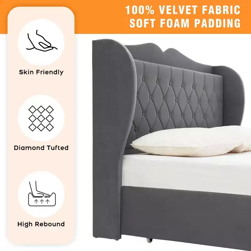 Velvet Upholstered Bed Frame with 4 Storage Drawers & Charging Station, Diamond Button-Tufted Design