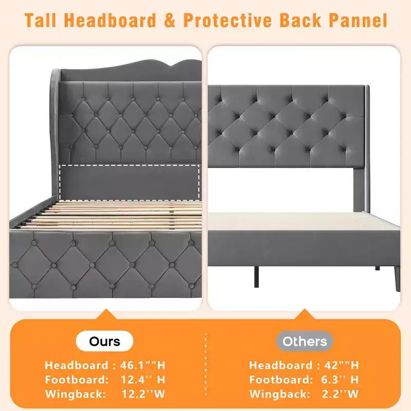 Velvet Upholstered Bed Frame with 4 Storage Drawers & Charging Station, Diamond Button-Tufted Design