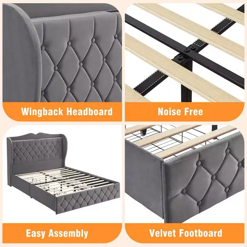 Velvet Upholstered Bed Frame with 4 Storage Drawers & Charging Station, Diamond Button-Tufted Design
