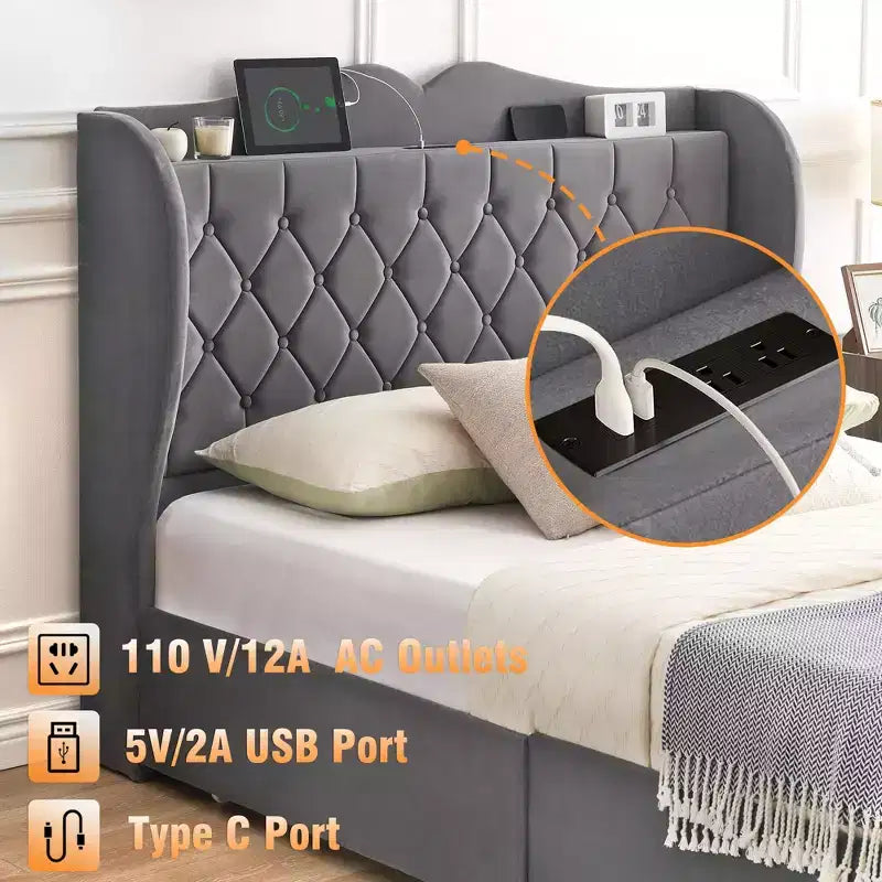 Velvet Upholstered Bed Frame with 4 Storage Drawers & Charging Station, Diamond Button-Tufted Design