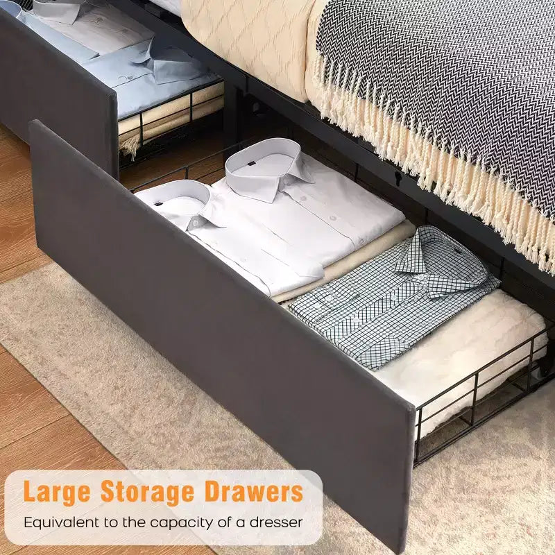 Velvet Upholstered Bed Frame with 4 Storage Drawers & Charging Station, Diamond Button-Tufted Design