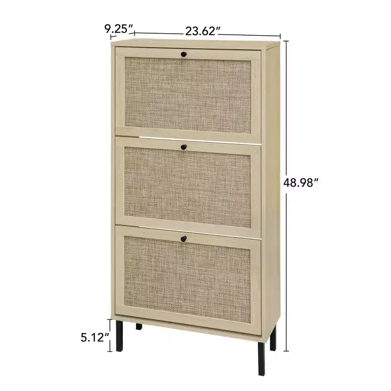 Vatros Rattan 3 Door Shoe Rack Freestanding Modern Shoe Storage Cabinet