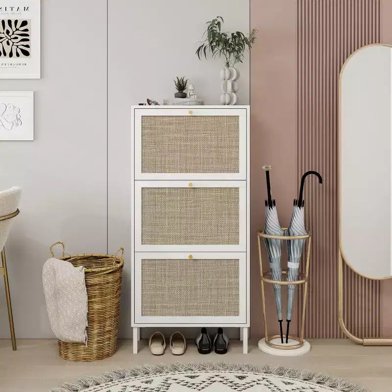 Vatros Rattan 3 Door Shoe Rack Freestanding Modern Shoe Storage Cabinet