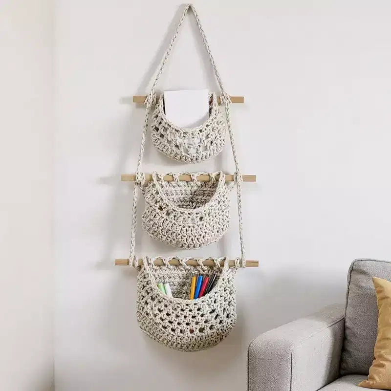 3-Tier Woven Hanging Storage Baskets with Wooden Rods and Rope Hanger - Beige