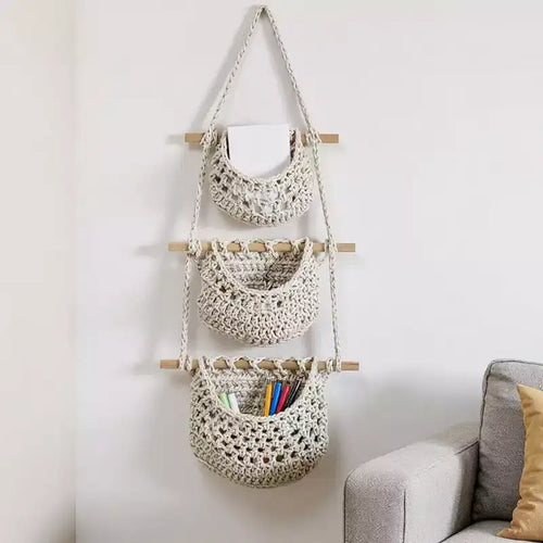 3-Tier Woven Hanging Storage Baskets with Wooden Rods and Rope Hanger - Beige