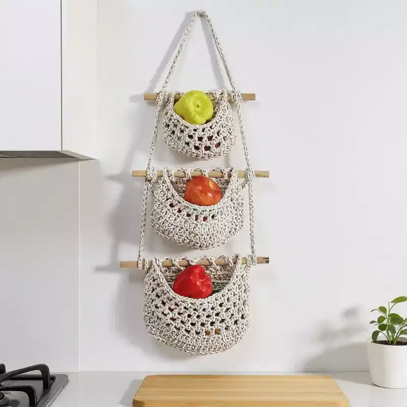 3-Tier Woven Hanging Storage Baskets with Wooden Rods and Rope Hanger - Beige