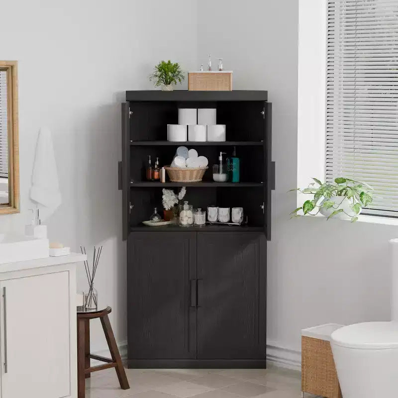 Modern Solid Wood 4 Doors Corner Storage Cabinet Efficient Storage for Home Cornei Libing Room Black