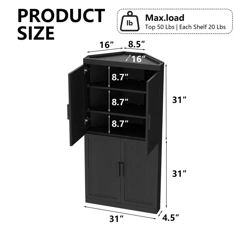 Modern Solid Wood 4 Doors Corner Storage Cabinet Efficient Storage for Home Cornei Libing Room Black