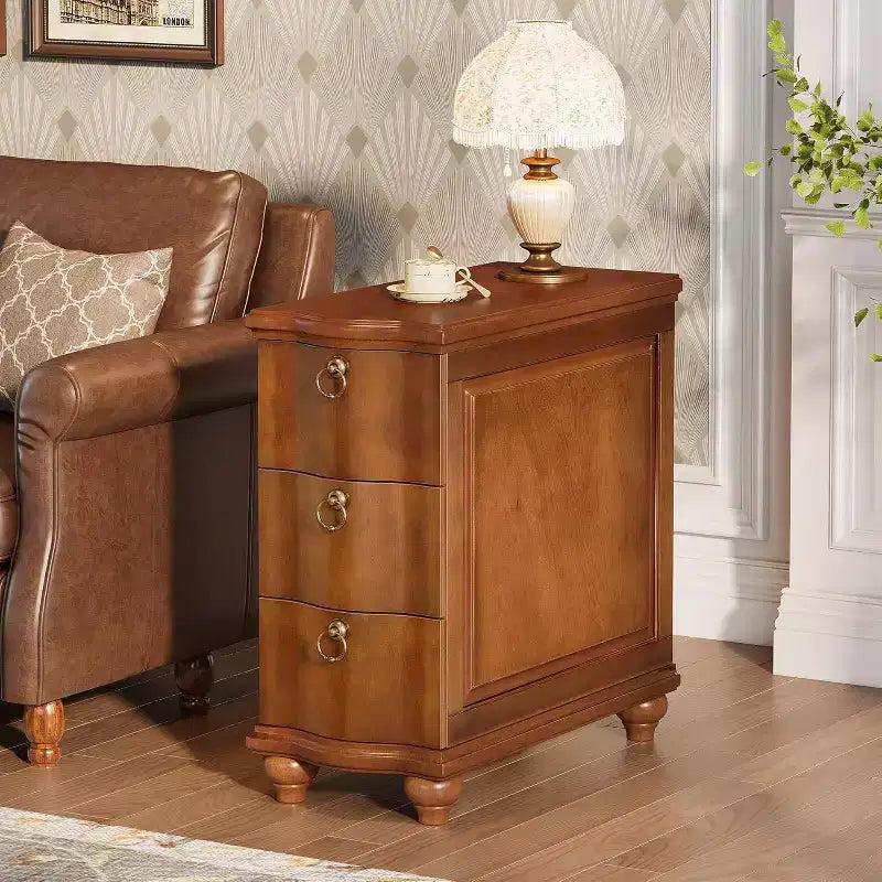 Wood Fully Assembled End Table, 3-Drawers Narrow Slim Side Table, Nightstand for Bedside, Small Spaces, Living Room, Bedroom, Walnut Brown