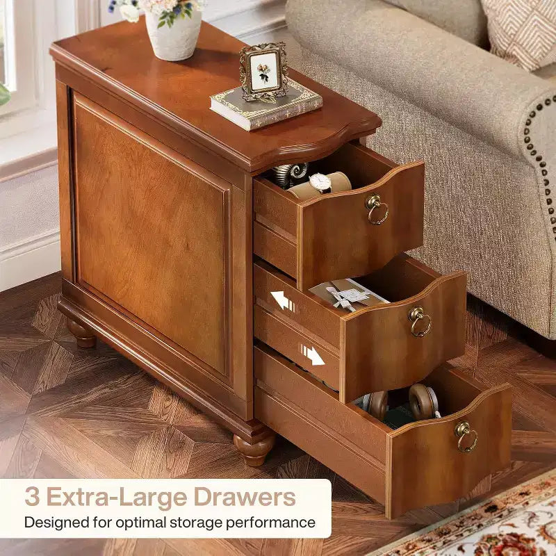 Wood Fully Assembled End Table, 3-Drawers Narrow Slim Side Table, Nightstand for Bedside, Small Spaces, Living Room, Bedroom, Walnut Brown