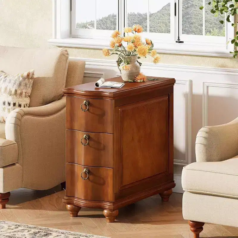 Wood Fully Assembled End Table, 3-Drawers Narrow Slim Side Table, Nightstand for Bedside, Small Spaces, Living Room, Bedroom, Walnut Brown
