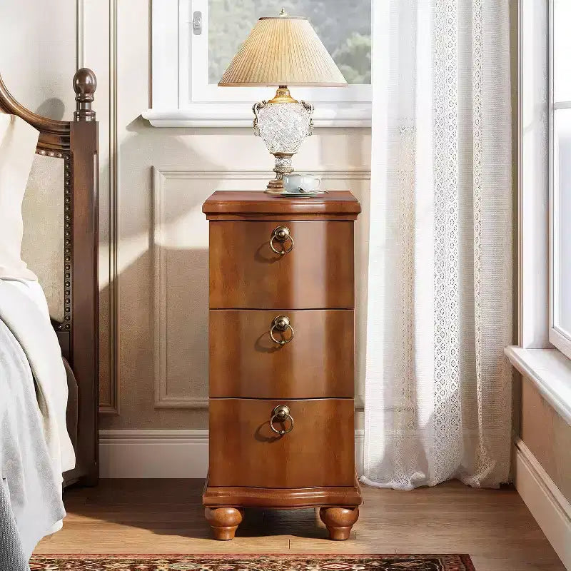 Wood Fully Assembled End Table, 3-Drawers Narrow Slim Side Table, Nightstand for Bedside, Small Spaces, Living Room, Bedroom, Walnut Brown