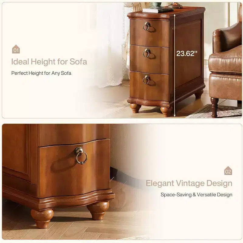 Wood Fully Assembled End Table, 3-Drawers Narrow Slim Side Table, Nightstand for Bedside, Small Spaces, Living Room, Bedroom, Walnut Brown