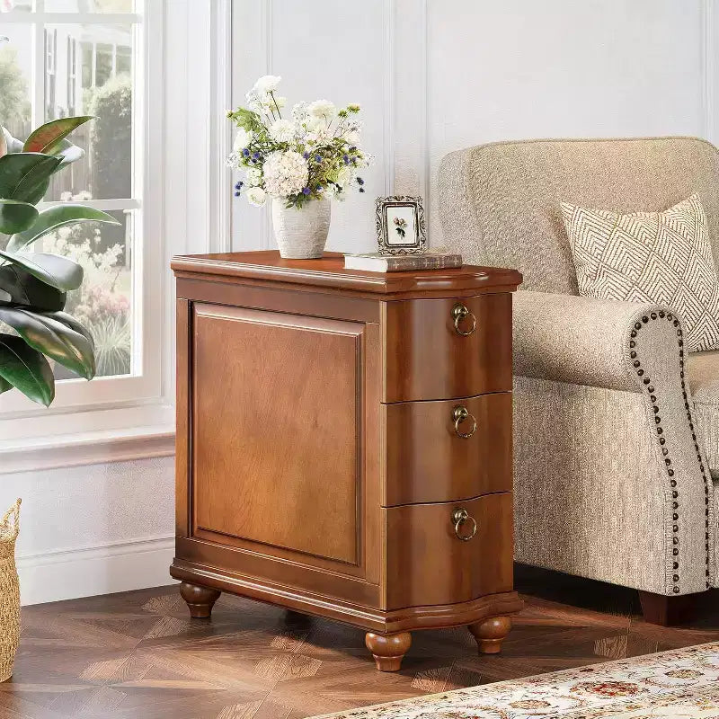 Wood Fully Assembled End Table, 3-Drawers Narrow Slim Side Table, Nightstand for Bedside, Small Spaces, Living Room, Bedroom, Walnut Brown
