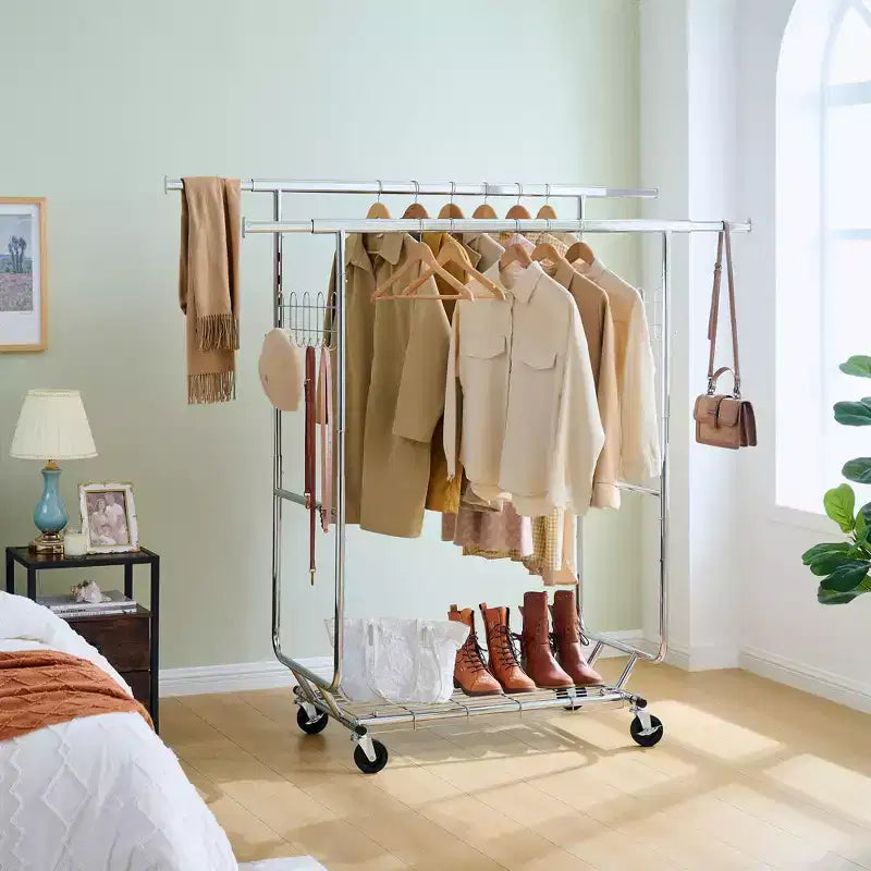 Double Storage Rack with Shelves, Freestanding Coat Rack On Wheels with Collapsible Design, Hall Tree for Living Room, Bedroom, Silver