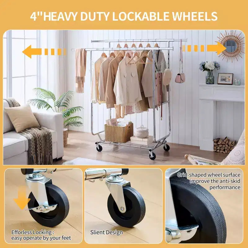 Double Storage Rack with Shelves, Freestanding Coat Rack On Wheels with Collapsible Design, Hall Tree for Living Room, Bedroom, Silver