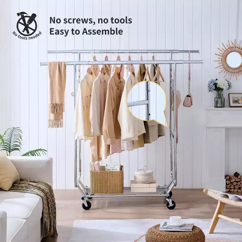 Double Storage Rack with Shelves, Freestanding Coat Rack On Wheels with Collapsible Design, Hall Tree for Living Room, Bedroom, Silver