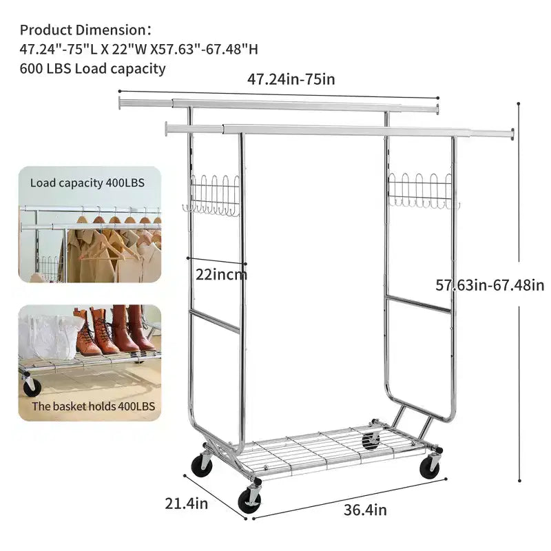 Double Storage Rack with Shelves, Freestanding Coat Rack On Wheels with Collapsible Design, Hall Tree for Living Room, Bedroom, Silver