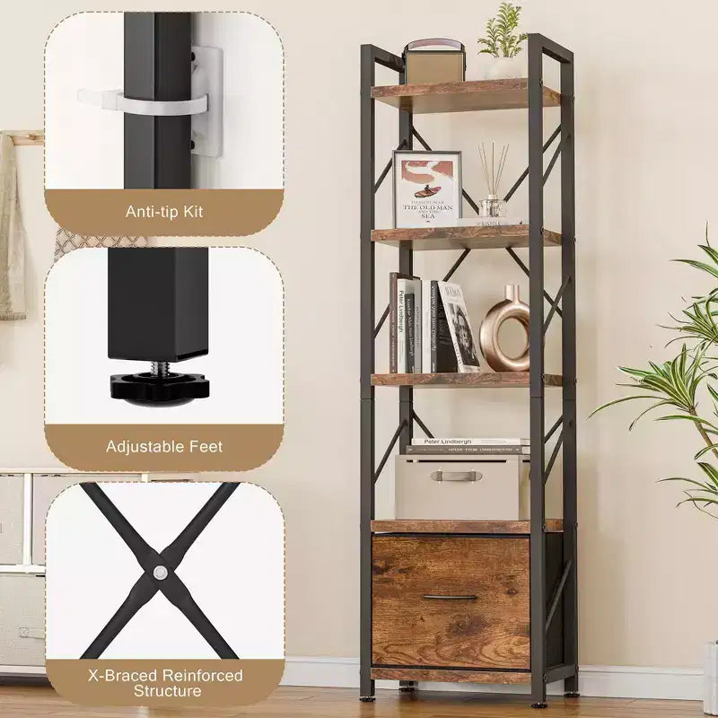5 Tier Bookcase with Drawer, Modern Tall Storage Organizer, Industrial Book Shelves for Bedroom, Living Room, Office, Rustic Brown