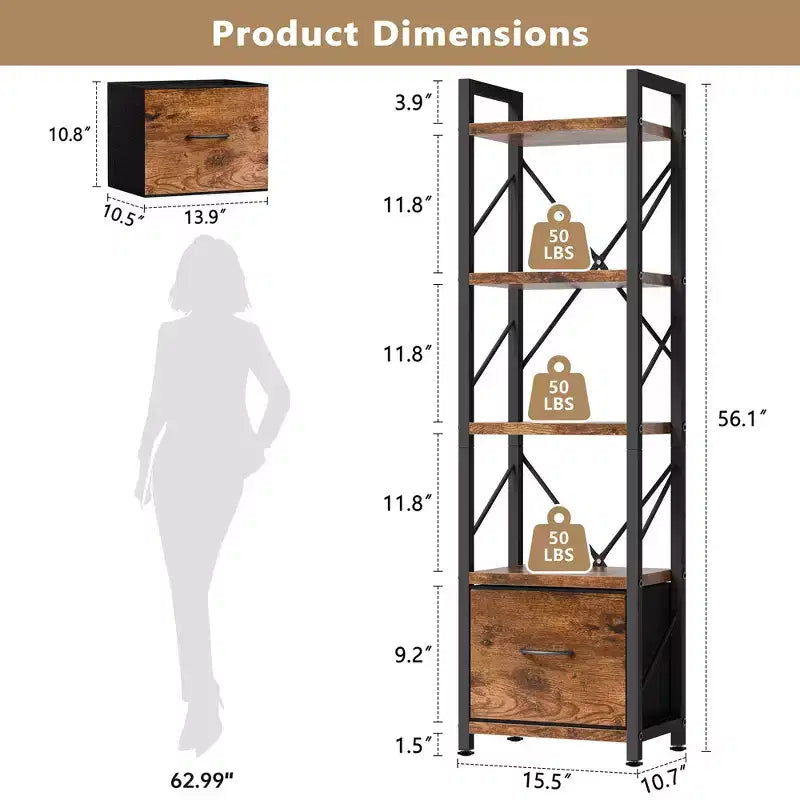 5 Tier Bookcase with Drawer, Modern Tall Storage Organizer, Industrial Book Shelves for Bedroom, Living Room, Office, Rustic Brown