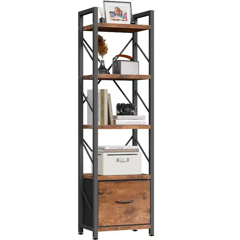 5 Tier Bookcase with Drawer, Modern Tall Storage Organizer, Industrial Book Shelves for Bedroom, Living Room, Office, Rustic Brown