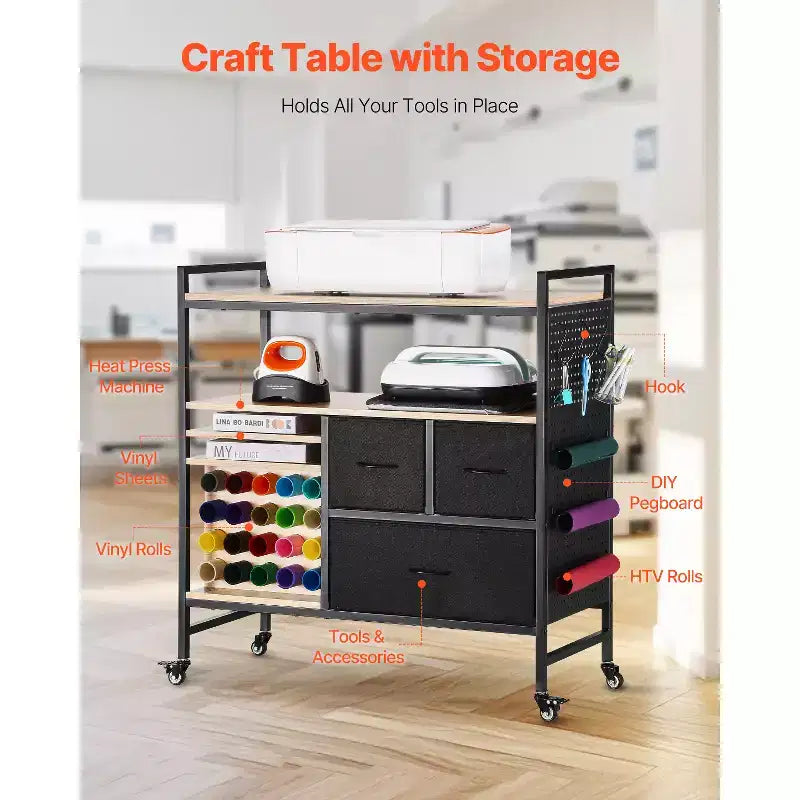 Rolling Craft Cart and Storage Table, Compatible with Cricut Machines, Crafting Table Organization Workstation, Black