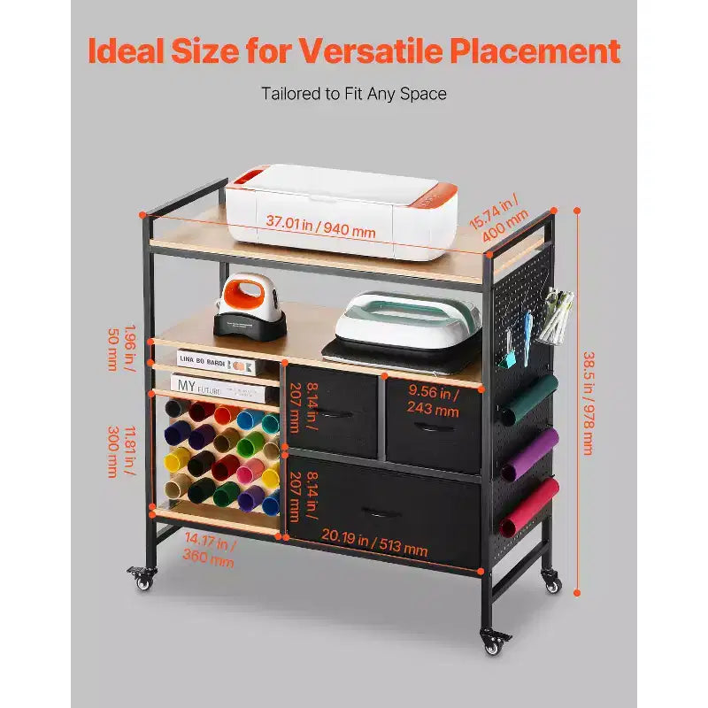 Rolling Craft Cart and Storage Table, Compatible with Cricut Machines, Crafting Table Organization Workstation, Black
