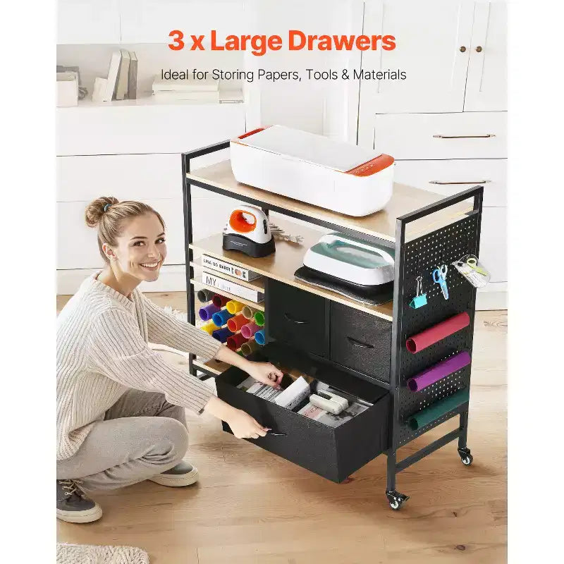 Rolling Craft Cart and Storage Table, Compatible with Cricut Machines, Crafting Table Organization Workstation, Black