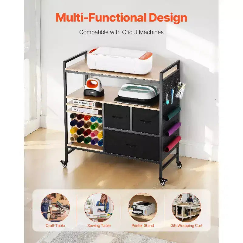 Rolling Craft Cart and Storage Table, Compatible with Cricut Machines, Crafting Table Organization Workstation, Black