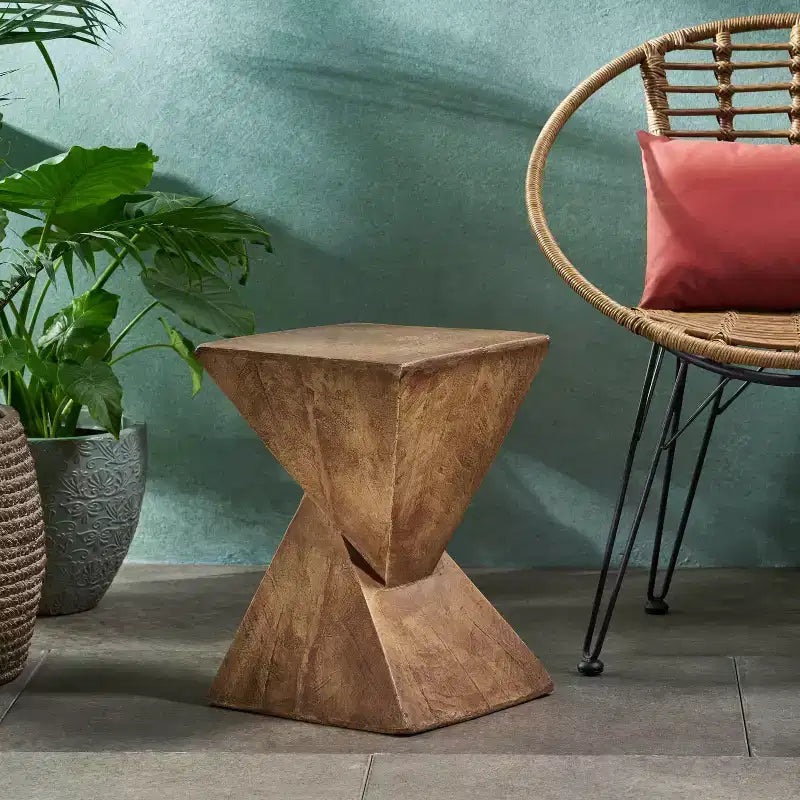 1 Pack Sculptural Hourglass Side Table, Artisan Wood-Like End Table for Living Room, Patio