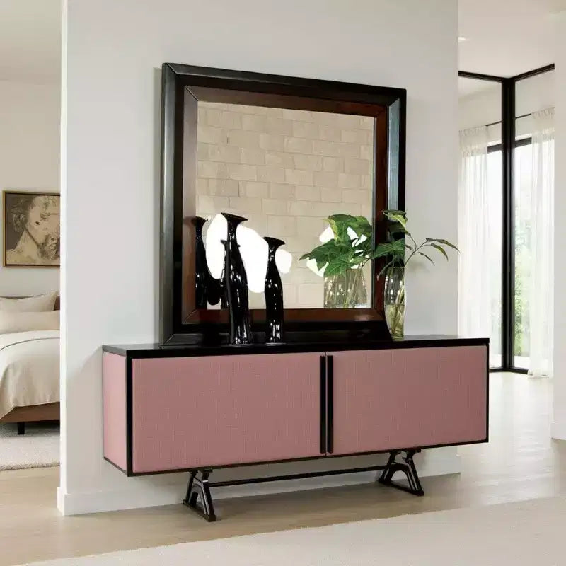 Dresser Mirror, 38 Inch Dark Walnut Brown and Black Solid Wood