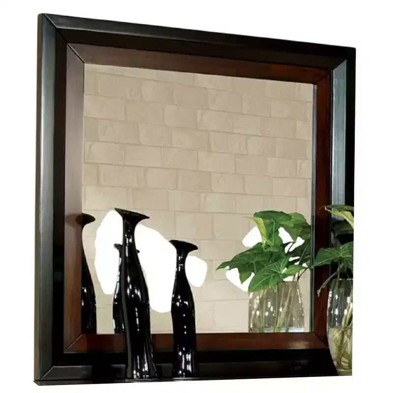 Dresser Mirror, 38 Inch Dark Walnut Brown and Black Solid Wood