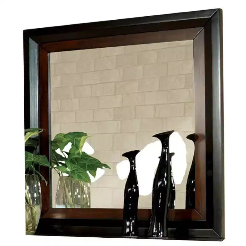 Dresser Mirror, 38 Inch Dark Walnut Brown and Black Solid Wood
