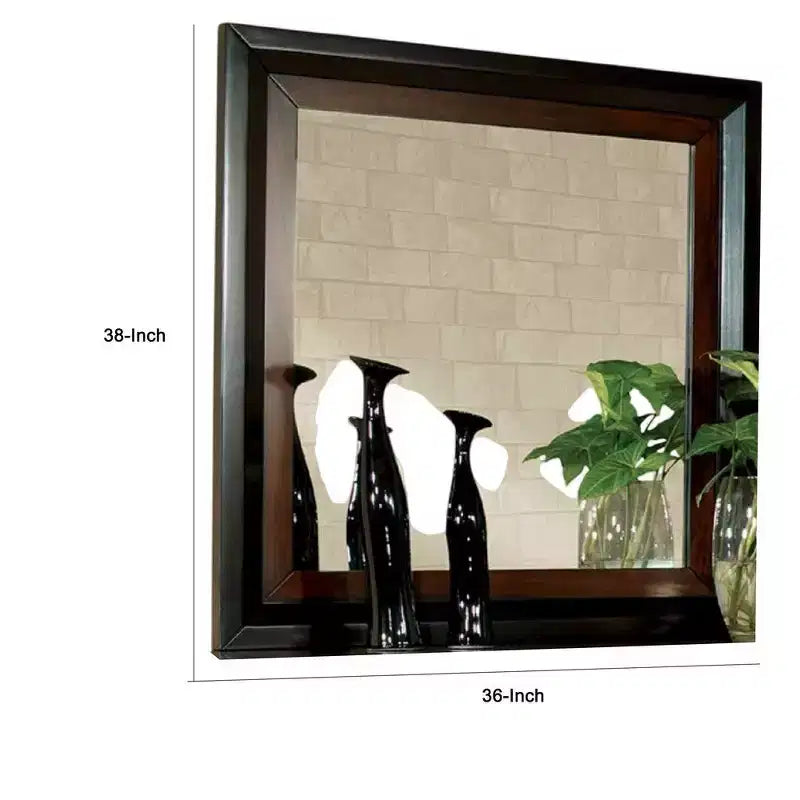 Dresser Mirror, 38 Inch Dark Walnut Brown and Black Solid Wood