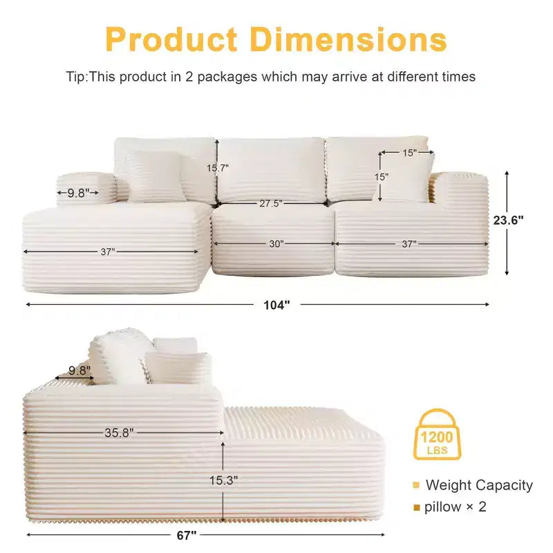 Modular Sectional Sofa with L-Shape Chaise Modern Upholstered Cloud Couches with Throw Pillows for Living Room Bedroom