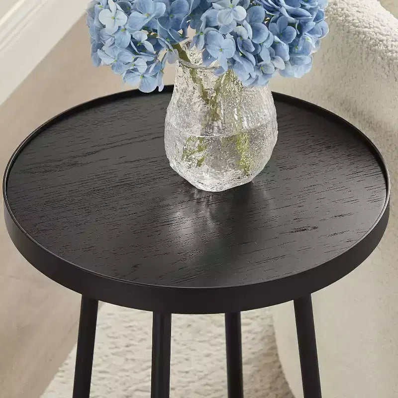 Round Metal & Wood Accent Table for Living Room, Modern Black
