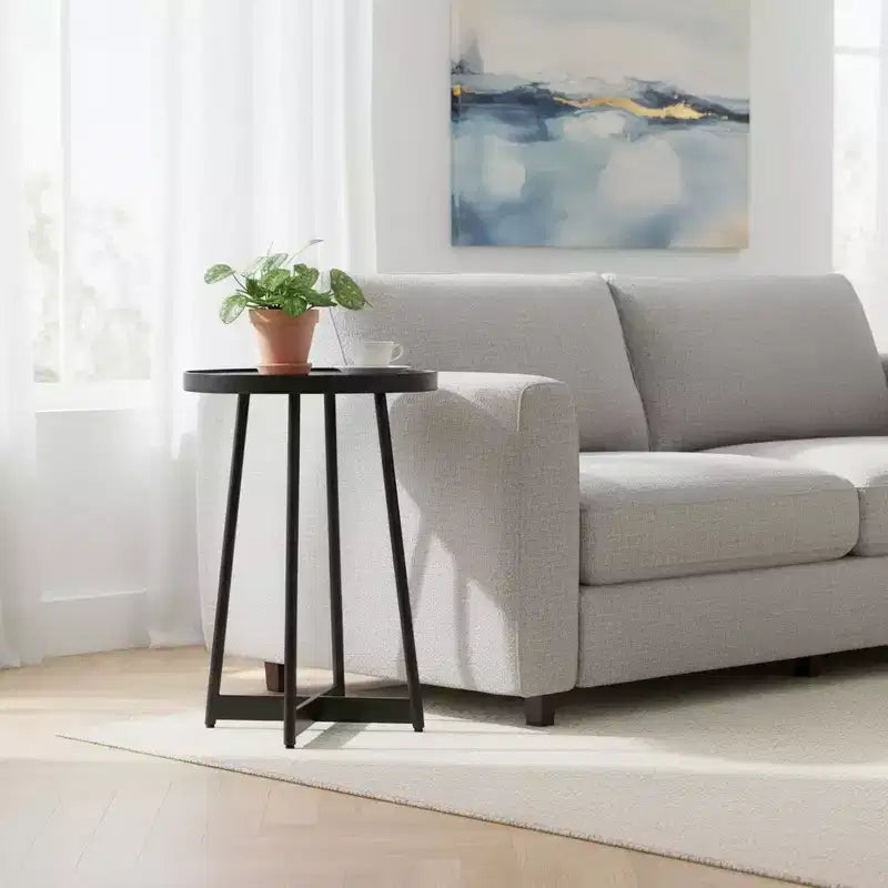 Round Metal & Wood Accent Table for Living Room, Modern Black