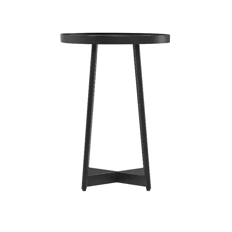 Round Metal & Wood Accent Table for Living Room, Modern Black