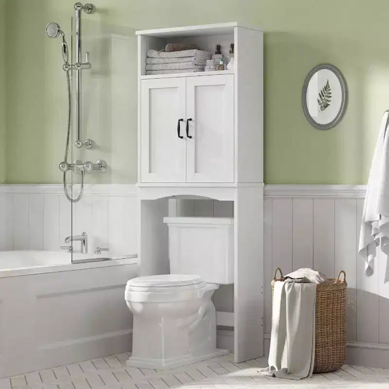 Over Toilet Storage Cabinet Space Saver Shelf White Bathroom Organizer with Adjustable Shelf and Double Doors