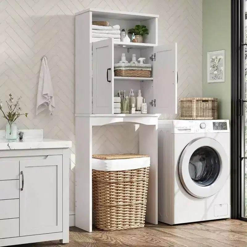 Over Toilet Storage Cabinet Space Saver Shelf White Bathroom Organizer with Adjustable Shelf and Double Doors
