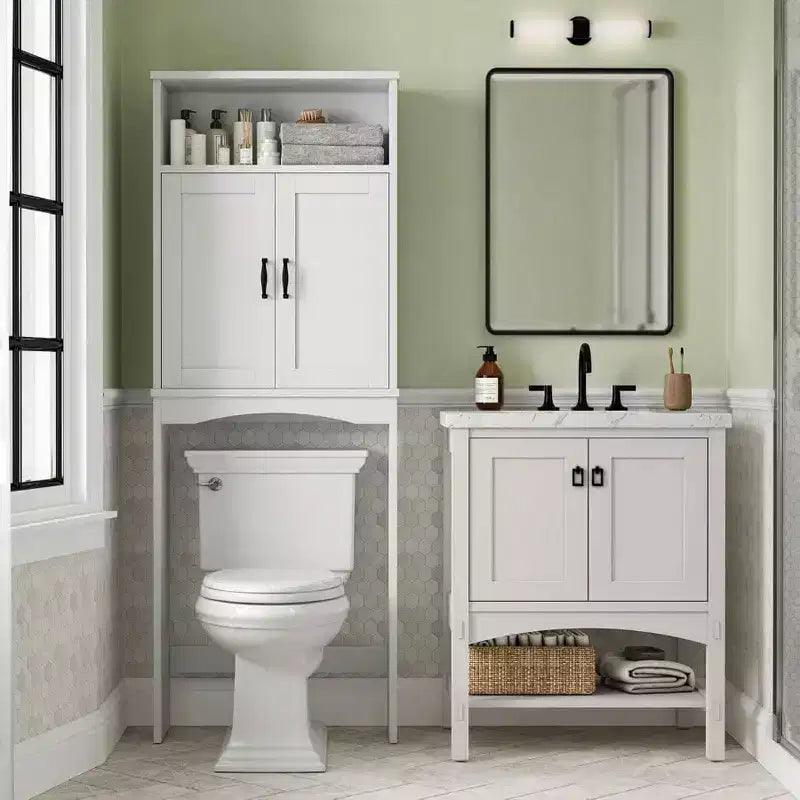 Over Toilet Storage Cabinet Space Saver Shelf White Bathroom Organizer with Adjustable Shelf and Double Doors