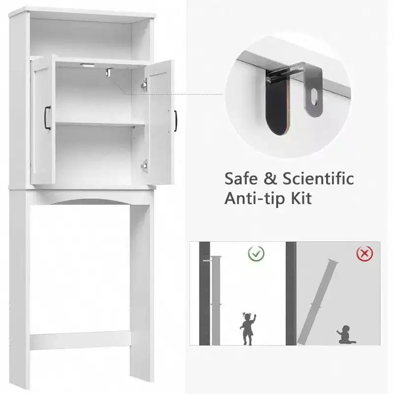 Over Toilet Storage Cabinet Space Saver Shelf White Bathroom Organizer with Adjustable Shelf and Double Doors