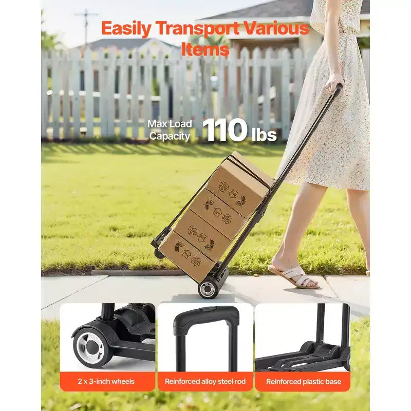Folding Hand Truck, 110 lbs Load Capacity, Collapsible Luggage Cart with 2 Wheels & 1 Elastic Rope, Utility Dolly Platform Cart, Black